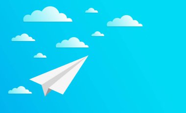 Roket kağıdı bulutların düz dizaynıyla gökyüzüne uçar. Başlangıç için kullanmak, keşif, fikir, özgürlük. Metin için boşluk. İş konsepti. Vektör illüstrasyonu