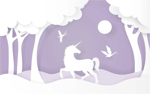 Einhorn Wald Mit Vögeln Auf Violettem Hintergrund Vektor Illustration Papier — Stockvektor