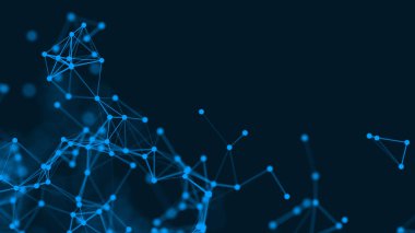 Mavi arkaplanda bağlantı çizgileri olan soyut gelecekçi. Pleksus yapısı. Bilim, İş, İletişim, Tıp, Teknoloji, Ağ, Siber, Bilim-Kurgu Konsepti. İllüzyon. 3B görüntüleme