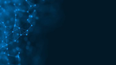 Mavi arkaplanda bağlantı çizgileri olan soyut gelecekçi. Pleksus yapısı. Bilim, İş, İletişim, Tıp, Teknoloji, Ağ, Siber, Bilim-Kurgu Konsepti. İllüzyon. 3B görüntüleme