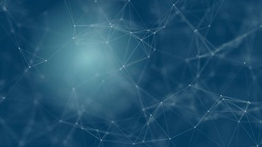 Mavi arkaplanda bağlantı çizgileri olan soyut gelecekçi. Pleksus yapısı. Bilim, İş, İletişim, Tıp, Teknoloji, Ağ, Siber, Bilim-Kurgu Konsepti. İllüzyon. 3B görüntüleme