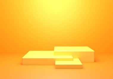 Boş sarı turuncu rengin 3 boyutlu tasviri minimum konsept arkaplan geometrisi. Reklam, kozmetik reklamları, vitrin, teknoloji, pankart, krem, moda, çocuk. İllüzyon. Ürün görüntüsü