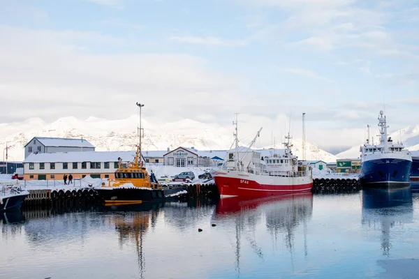 Hofn Port Panorama Winter Ijsstrand Met Rode Boot — Stockfoto