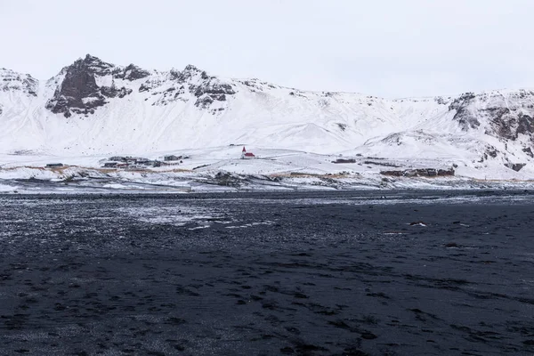 Panorama Das Montanhas Islandesas Cidade Vik Perto Areia Black Sand — Fotografia de Stock