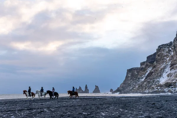 İnsanlar, Reynisfjara 'daki Atlantik Okyanusu' nun dalgaları ve panoramasının kara sahillerinde atlarla uzaklaşıyorlar.