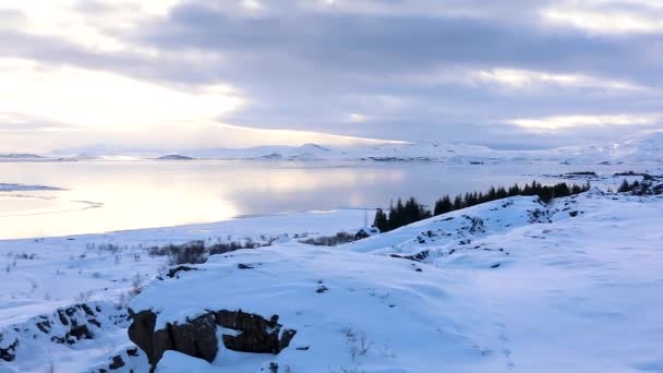 Gładkie Przejście Panorama Jeziora Pingvallavatn Mała Islandzka Rzeka Pobliżu Zamarzniętego — Wideo stockowe