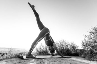 Siyah ve beyaz yaşlı kadın yoga poziyonu alıyor. Baş aşağı köpek bacağını kaldırdı.