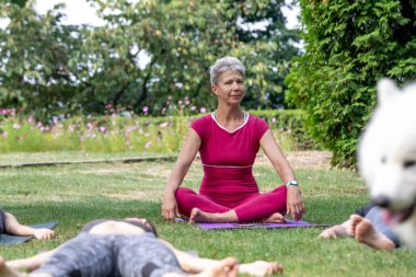Yoga ustası Hatha seremonisi düzenliyor. Bir grup insan parkta yerde yatıyor.