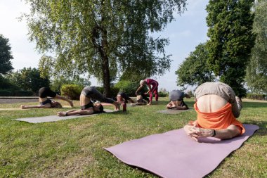 Yoga ustası kadın, ağaçların yanındaki parkta esneme egzersizlerine yardım ediyor.