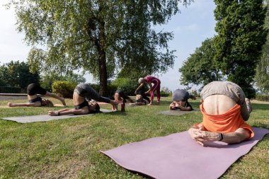 Yoga ustası kadın parkta esneme egzersizleri yapıyor.