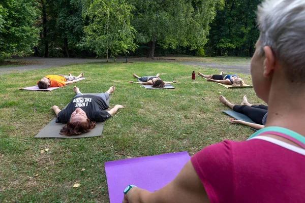 Yoga ustası Hatha seremonisi düzenliyor. Bir grup insan parkta yerde yatıyor.