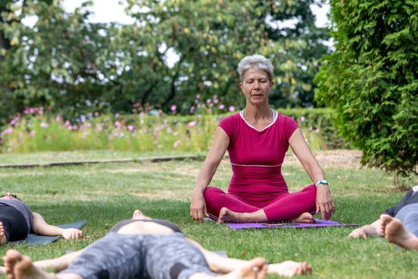 Yoga ustası Hatha seremonisi düzenliyor. Bir grup insan parkta yerde yatıyor.