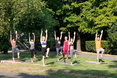 Yoga pozu. Dışarıda yoga sporları yapan, el ele tutuşan bir grup insan.