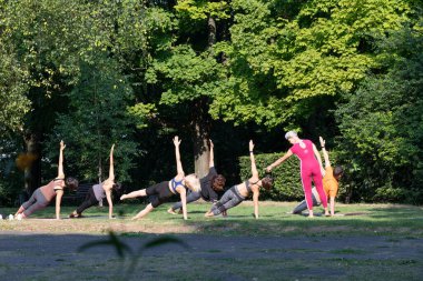 Kadın yoga ustası grubun parkta Yan Plank pozu vermesine yardım ediyor.