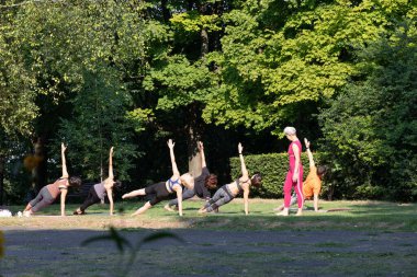Kadın yoga ustası Yan Plank pozunu gözlemliyor.