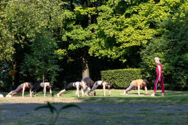 Bir grup insan Plank pozisyonunda duruyor ve bir öğretmenin gözetiminde yoga yapıyorlar.
