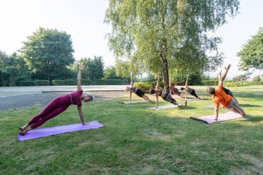 Yan Plank pozunda bir grup insan yoga yapıyor ve dengeyi geliştiriyor.
