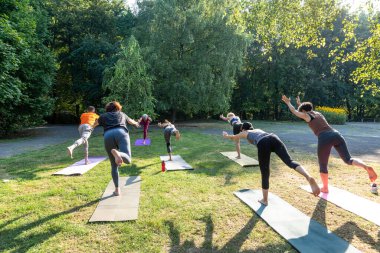 İnsanlar spor minderinde durup yoga hocaları için grup yogası yapıyorlar.