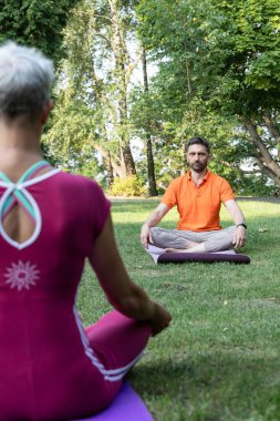 Yoga ustası çim üzerinde lotus pozisyonunda oturur ve erkek öğrencisine meditasyon öğretir.