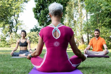 Genç bir çift çimlerin üzerinde lotus pozisyonunda oturuyor ve zen ustalarının arka planında dinleniyor.