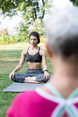 Nilüfer pozisyonunda oturan ve zen ustasının arka planında dinlenen bir kız.