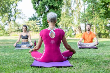 Genç bir kız ve bir erkek nilüfer pozisyonunda oturuyorlar ve yoga ustalarıyla birlikte çimlerin üzerinde Zen hissini öğretiyorlar.