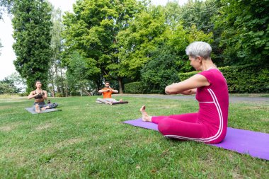 Bayan üstat ve öğretmen parkta yoga dersleri veriyor.