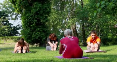 Yoga ustası bir kadının pozisyonunu tekrarlayan bir grup insan.