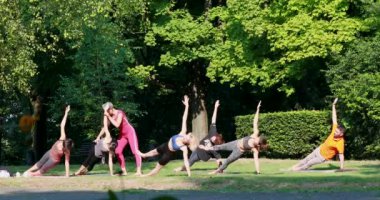 Bir kadın yoga ustası, grubun Yan Plank pozunu vermesine yardımcı olur.