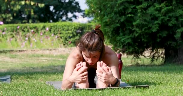 Meisje Het Park Het Gras Praktijken Yoga Gezeten Naar Voren — Stockvideo