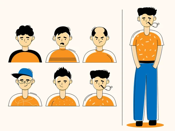 Farklı Yüz Tarzı ve Desenli Çizimlere sahip Erkek Karakteri.