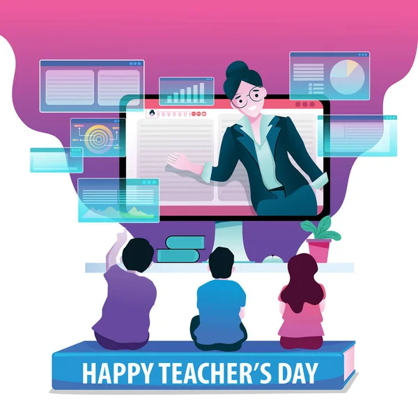幸せな教師の日デジタルライフサイクルでは 教師からデジタル方法を学ぶ学生 — ストックベクタ