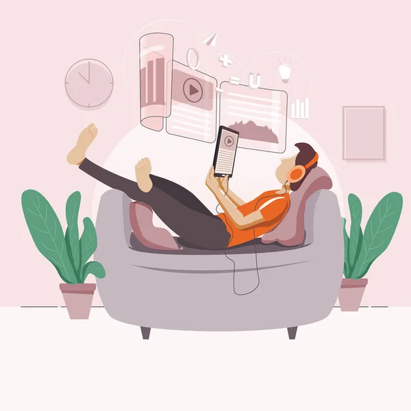 Boy Studying Online Relax Mode Illustration — Stock Vector