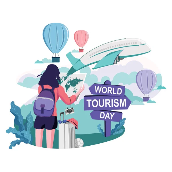 Dünya Turizm Günü, Dünya Haritası ve Dünya Turu İllüstrasyonuna Giden Bir Kız.