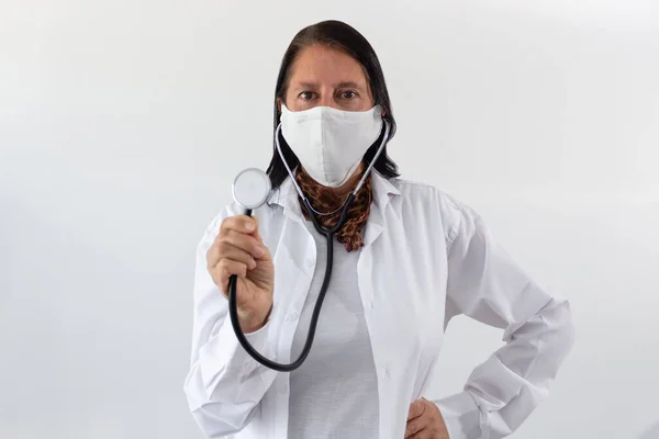 Middle Age Female Doctor Holding Sthetoscope Wearing White Coat Face — Stock Photo, Image
