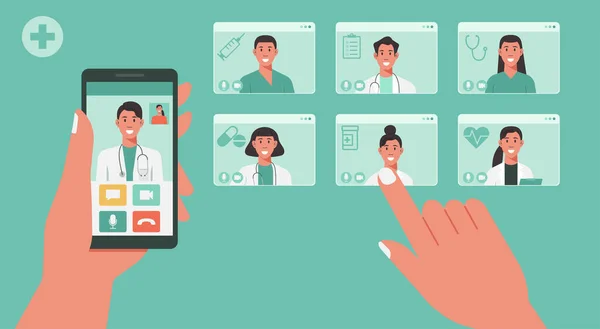 Telegeneeskundeconcept Menselijke Handsmartphone Met App Voor Gezondheidszorg Online Consultatie Het — Stockvector