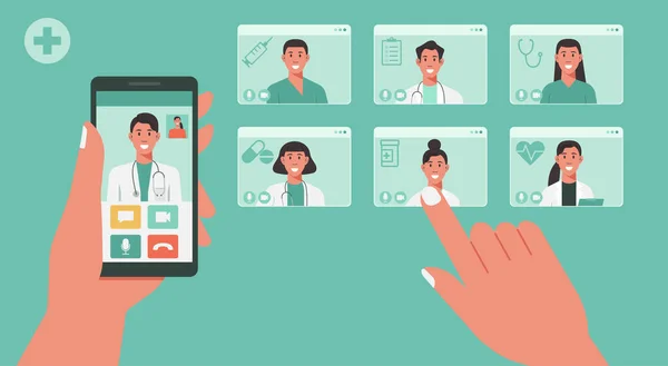 Teletıp konsepti, sağlık hizmetleri için uygulama ya da online danışma kullanan ve video görüşmesi için doktorları seçen insanların el ele tutuşması.
