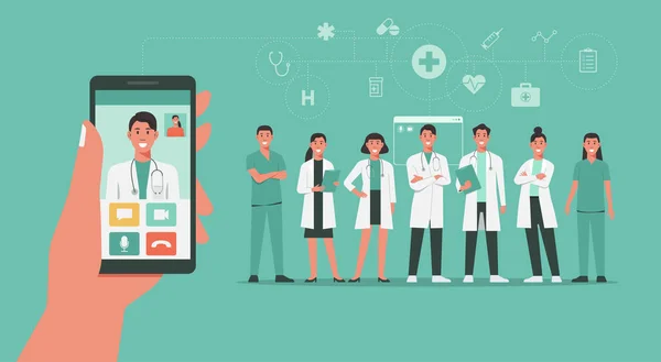 Teletıp konsepti, video araması, sağlık hizmetleri ya da çevrimiçi danışmanlık için bilgisayar kullanan insan eli telefonu ekrandaki doktor ve ayakta duran sağlık personeli