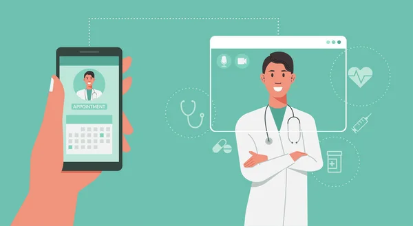 Doktor randevusunu internetten, sağlık hizmetlerinden, tıbbi ve teknoloji konseptinden ayırtmak için insan eli telefonu ve mobil uygulama kullanmak