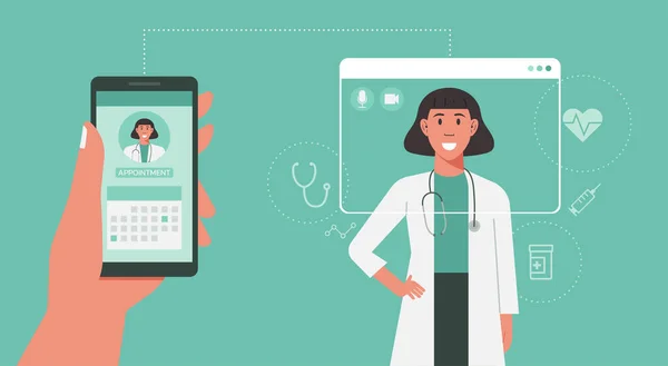 患者の手の携帯電話を保持し オンラインで医師の予約を予約するためにモバイルアプリを使用して 技術の概念 — ストックベクタ