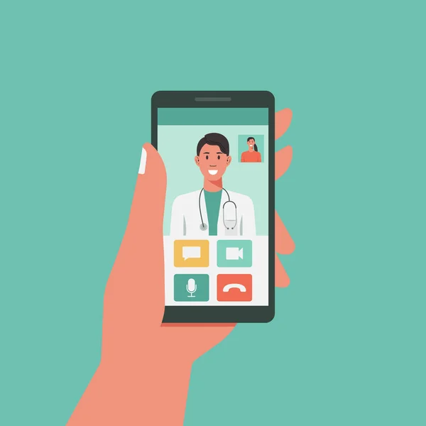 Téléphone Patient Main Tenant Utilisation Application Mobile Avec Médecin Ligne — Image vectorielle