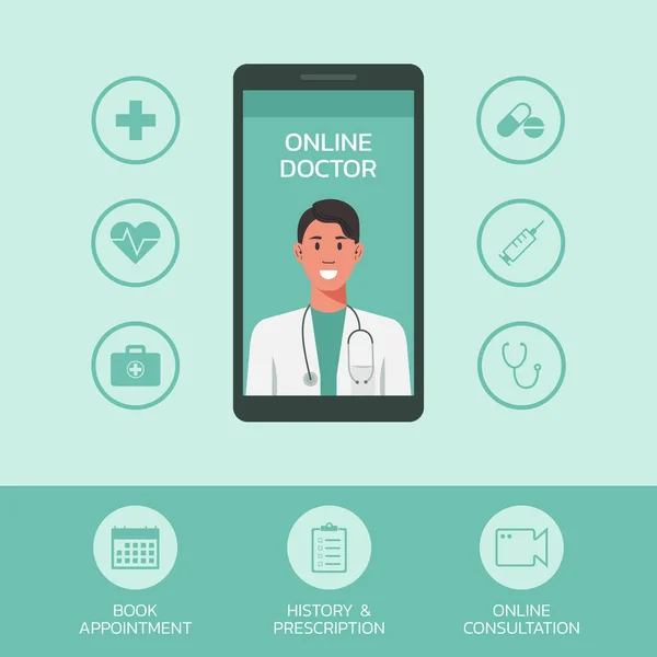 Çevrimiçi doktor kavramı, cep telefonunda ikon, sağlık ve teknoloji ile tıbbi personel