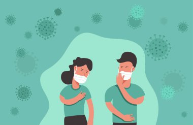 Virüsün yayılmasını önlemek için cerrahi veya tıbbi yüz maskesi takan erkek ve kadın gribi önleme, koronavirüs karantina konsepti