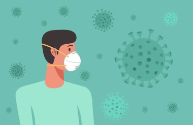 N95 maskesi takan bir adam virüsün yayılmasını önlemek için, grip önleme, koronavirüs karantinası, yeni normal konsept