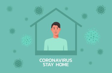 Erkek, virüs yayılmasını önlemek için evde kalır, grip önleme, koronavirüs, COVID-19, sosyal izolasyon ve kendini karantina, yeni normal kavram