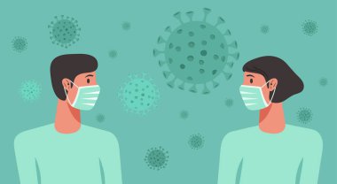 Cerrahi ya da tıbbi maske takan erkek ve kadın evde kalıp virüsün yayılmasını, grip önlemesini, koronavirüsü, sosyal izolasyonu, kendini karantinayı, yeni normal kavramı engeller.