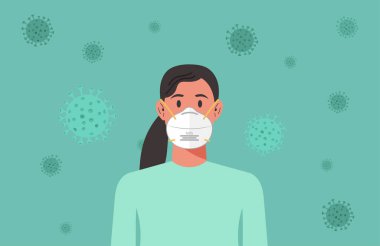 N95 maskeli kadın virüsün yayılmasını önlemek için grip önleme, koronavirüs karantinası, yeni normal konsept