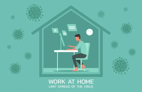 在家里用笔记本电脑工作的年轻人 在网上工作以限制考拉病毒的传播和一个新的正常概念 — 图库矢量图片