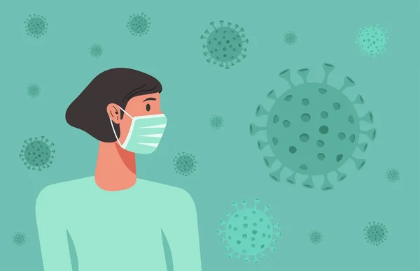 ウイルスの拡散 インフルエンザの予防 コロナウイルスの隔離 新しい通常の概念から保護するために外科的または医療面マスクを身に着けている女性 — ストックベクタ