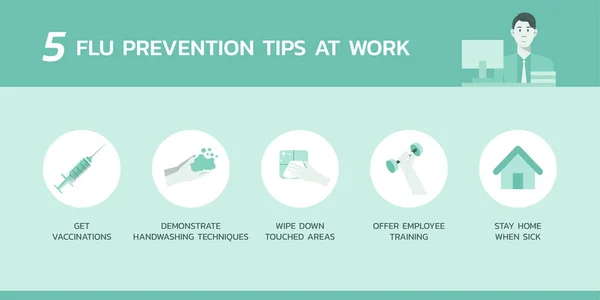 Cinco Consejos Prevención Gripe Trabajo Infografía Atención Médica Médica Sobre — Vector de stock